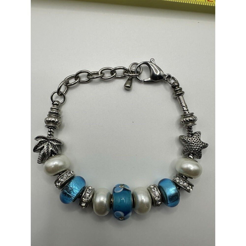 Beach Theme Charm Bracelet - Blue Murano Style Glass Beads & Pearls